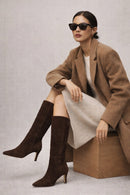 Women's Brown Thin Heeled Suede Leather Boot | Derimod