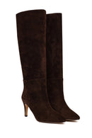 Women's Brown Thin Heeled Suede Leather Boot | Derimod