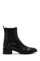 Women's Black Croco Patterned Short Thick Heel Leather Chelsea Boot | Derimod