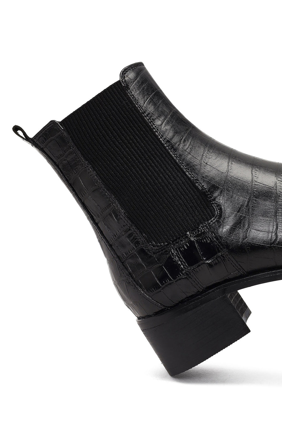 Women's Black Croco Patterned Short Thick Heel Leather Chelsea Boot