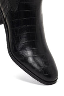 Women's Black Croco Patterned Short Thick Heel Leather Chelsea Boot | Derimod