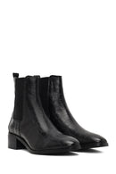 Women's Black Croco Patterned Short Thick Heel Leather Chelsea Boot | Derimod