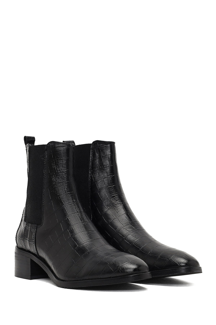 Women's Black Croco Patterned Short Thick Heel Leather Chelsea Boot