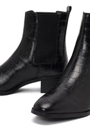 Women's Black Croco Patterned Short Thick Heel Leather Chelsea Boot | Derimod