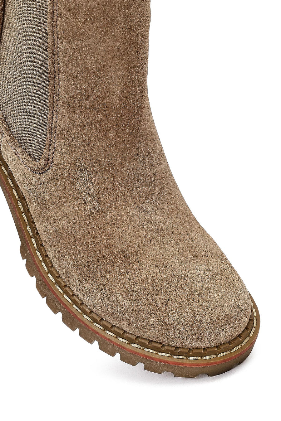 Women's Beige Short Thick Heel Suede Leather Chelsea Boot