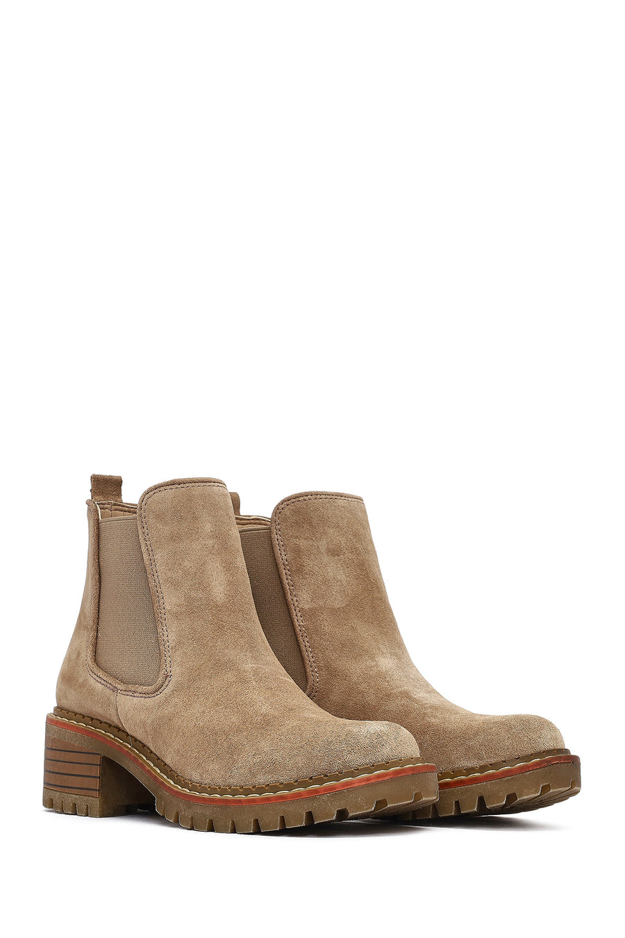 Women's Beige Short Thick Heel Suede Leather Chelsea Boot