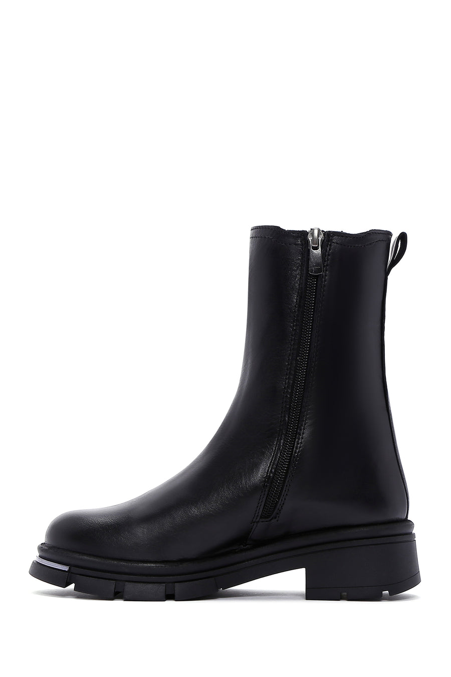Woman Black Zippered Thick Sole Leather Boat