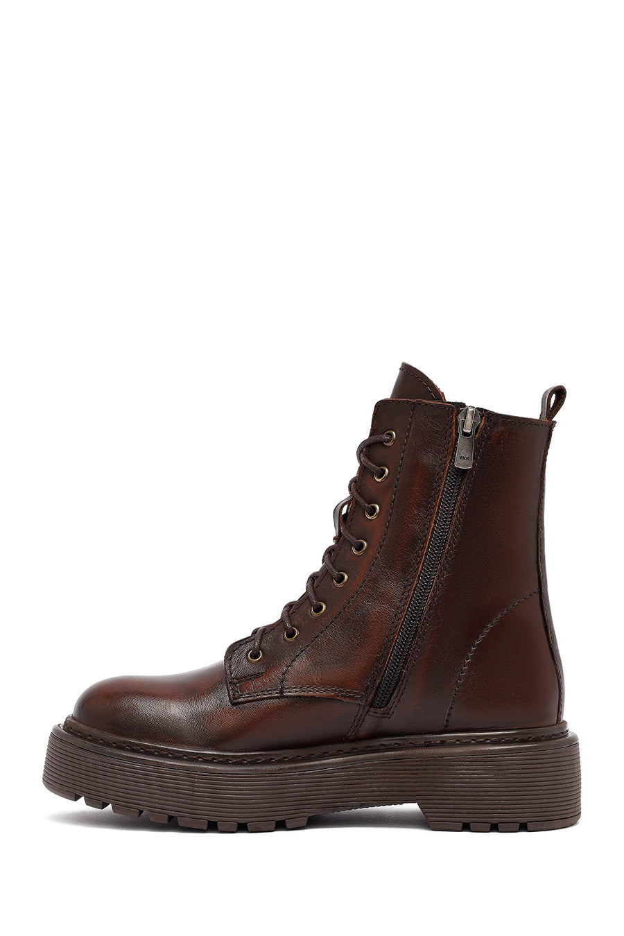 Women's Brown Lace-Up Zipper Thick-Soled Leather Combat Boots