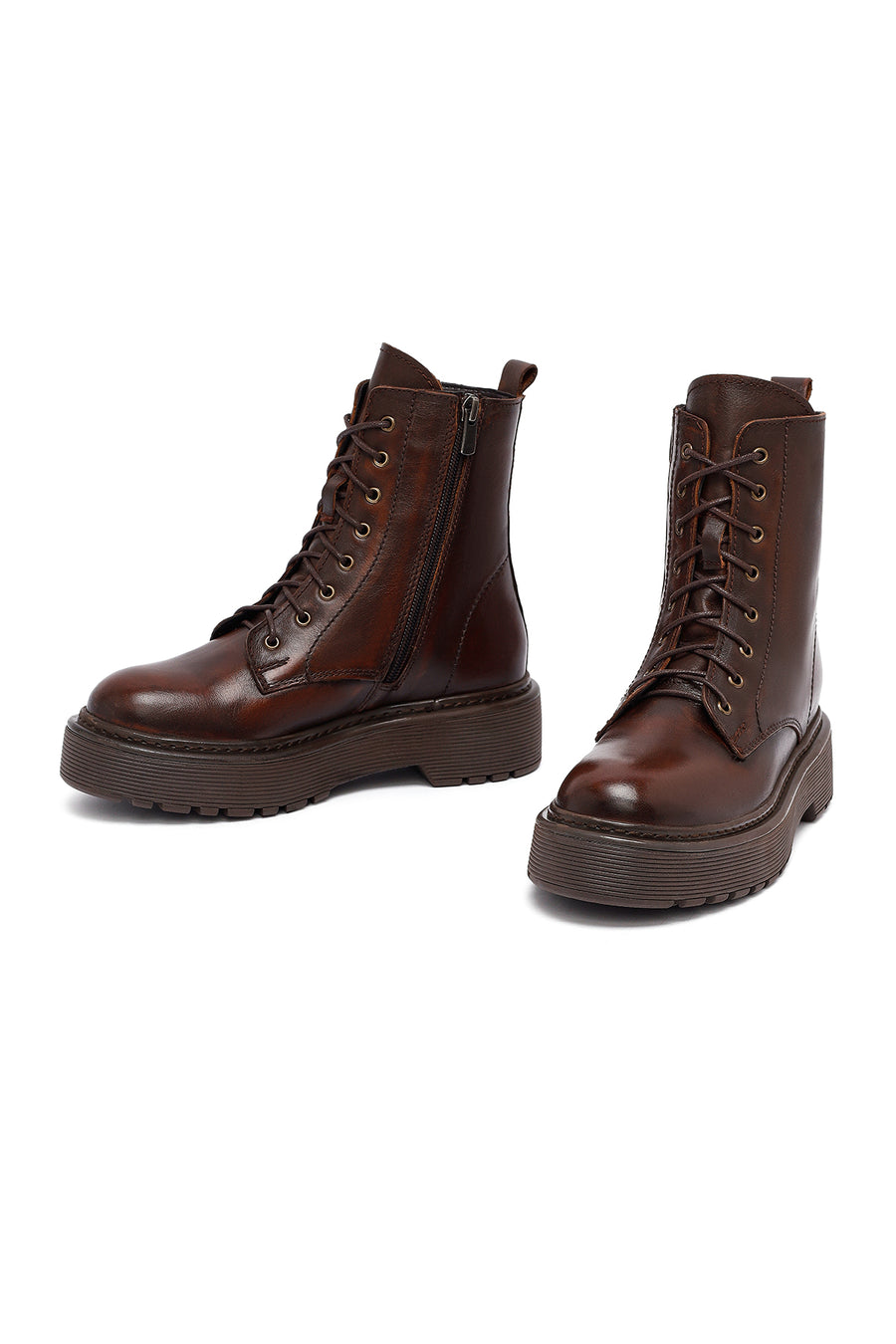 Women's Brown Lace-Up Zipper Thick-Soled Leather Combat Boots