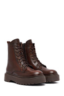 Women's Brown Lace-Up Zipper Thick-Soled Leather Combat Boots | Derimod