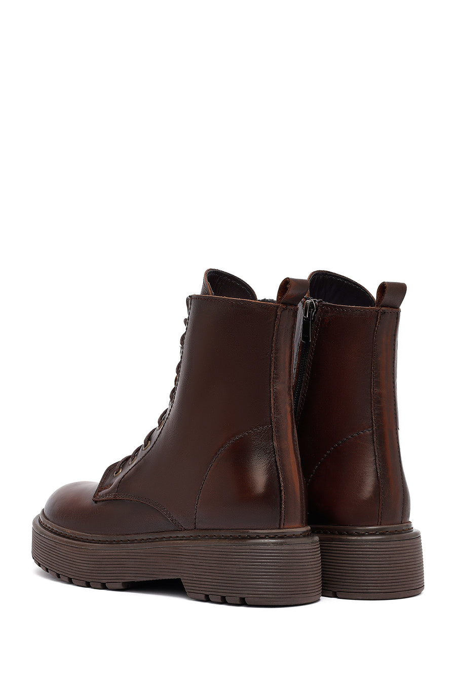 Women's Brown Lace-Up Zipper Thick-Soled Leather Combat Boots