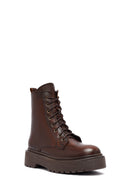 Women's Brown Lace-Up Zipper Thick-Soled Leather Combat Boots | Derimod