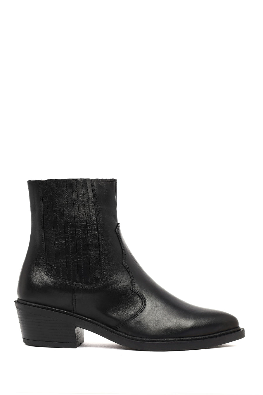 Women's Black Short Thick Heeled Leather Cowboy Boots 25WFD182718 | Derimod