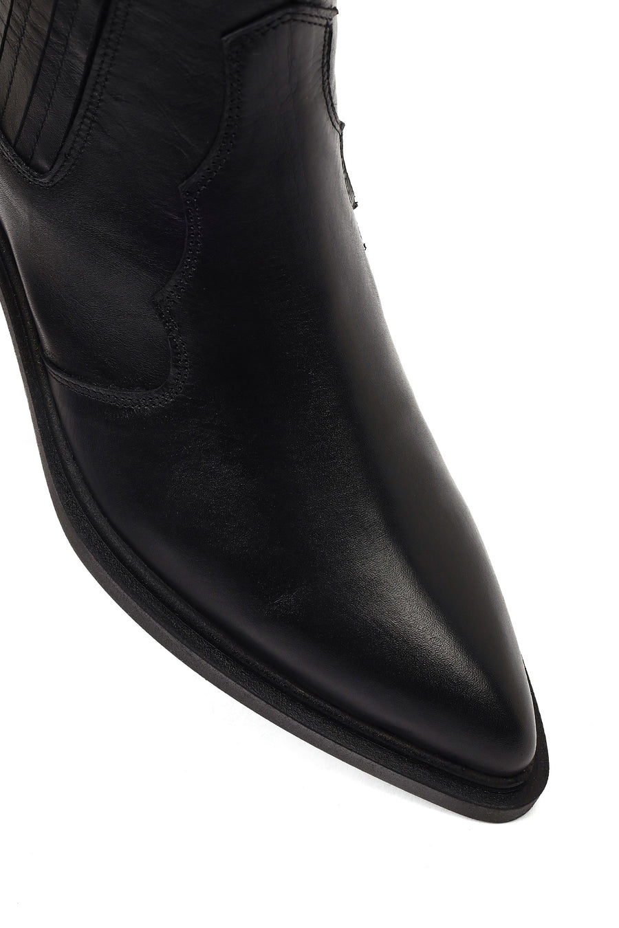 Women's Black Short Thick Heeled Leather Cowboy Boots