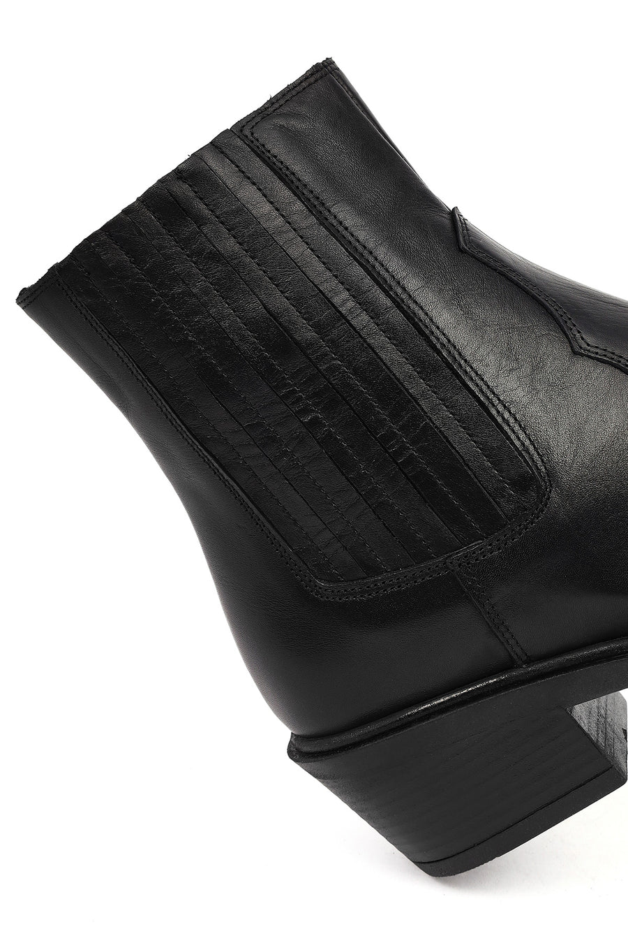 Women's Black Short Thick Heeled Leather Cowboy Boots