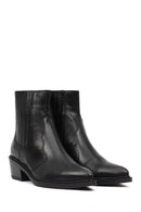 Women's Black Short Thick Heeled Leather Cowboy Boots | Derimod