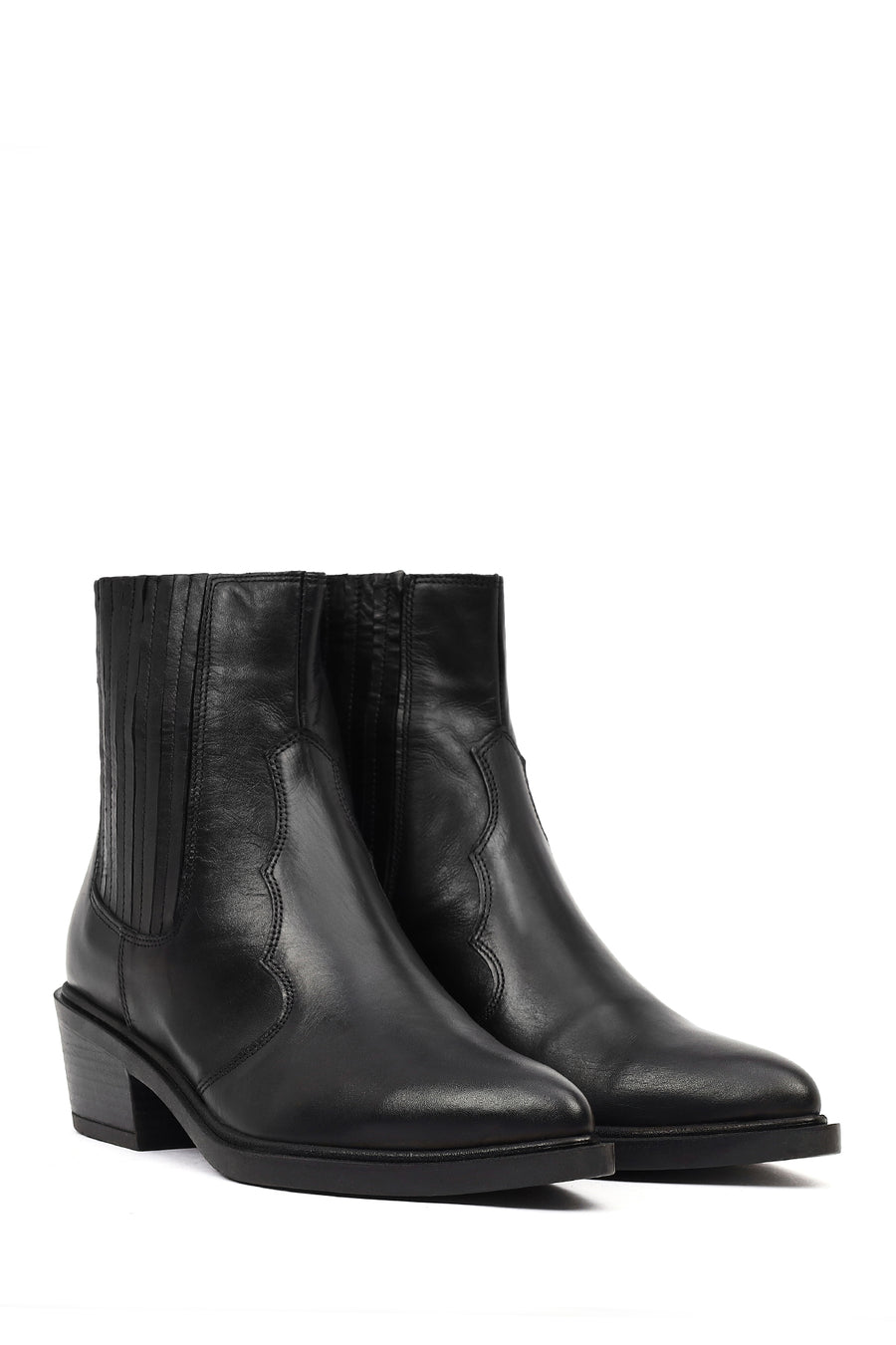 Women's Black Short Thick Heeled Leather Cowboy Boots