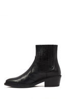 Women's Black Short Thick Heeled Leather Cowboy Boots | Derimod