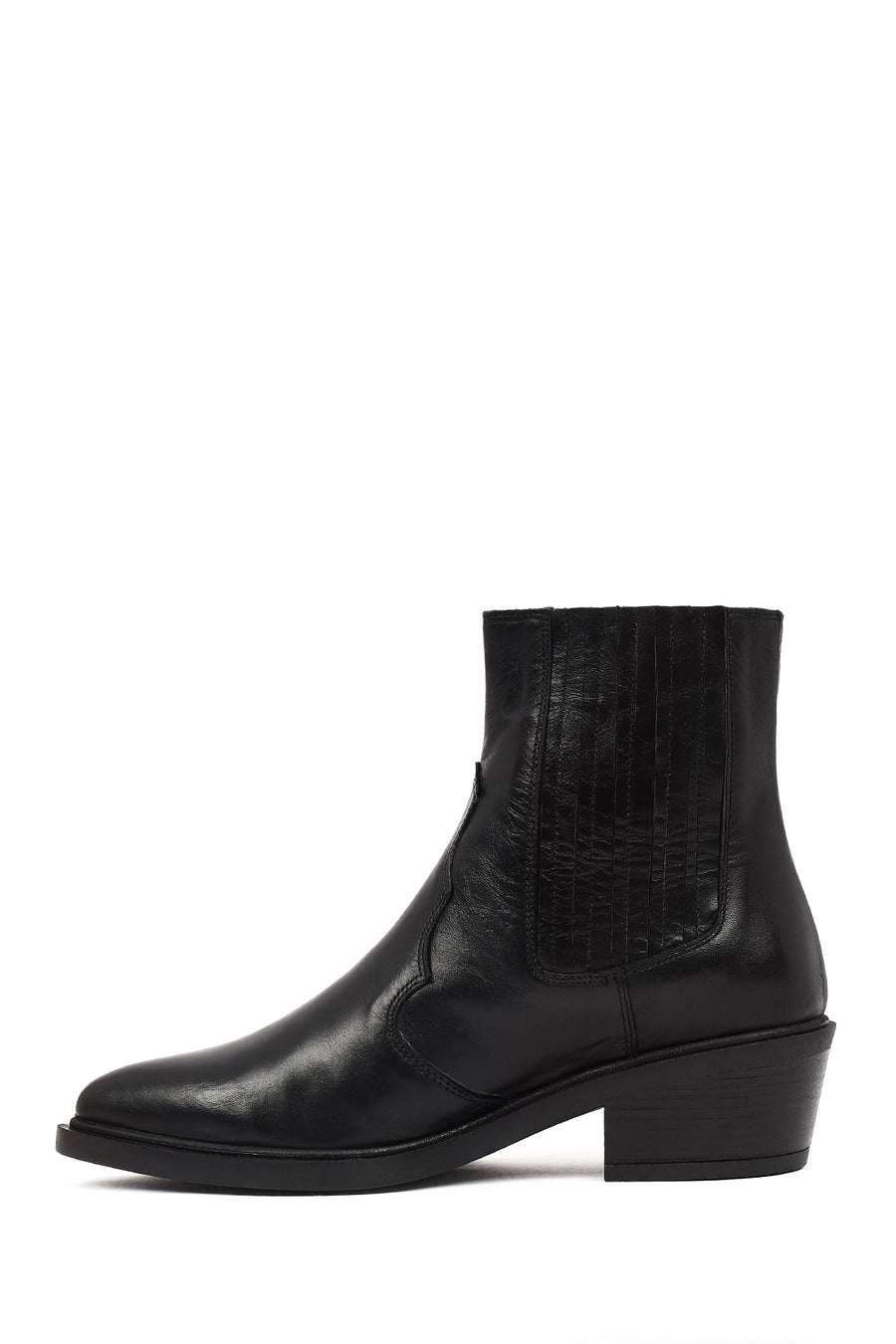 Women's Black Short Thick Heeled Leather Cowboy Boots