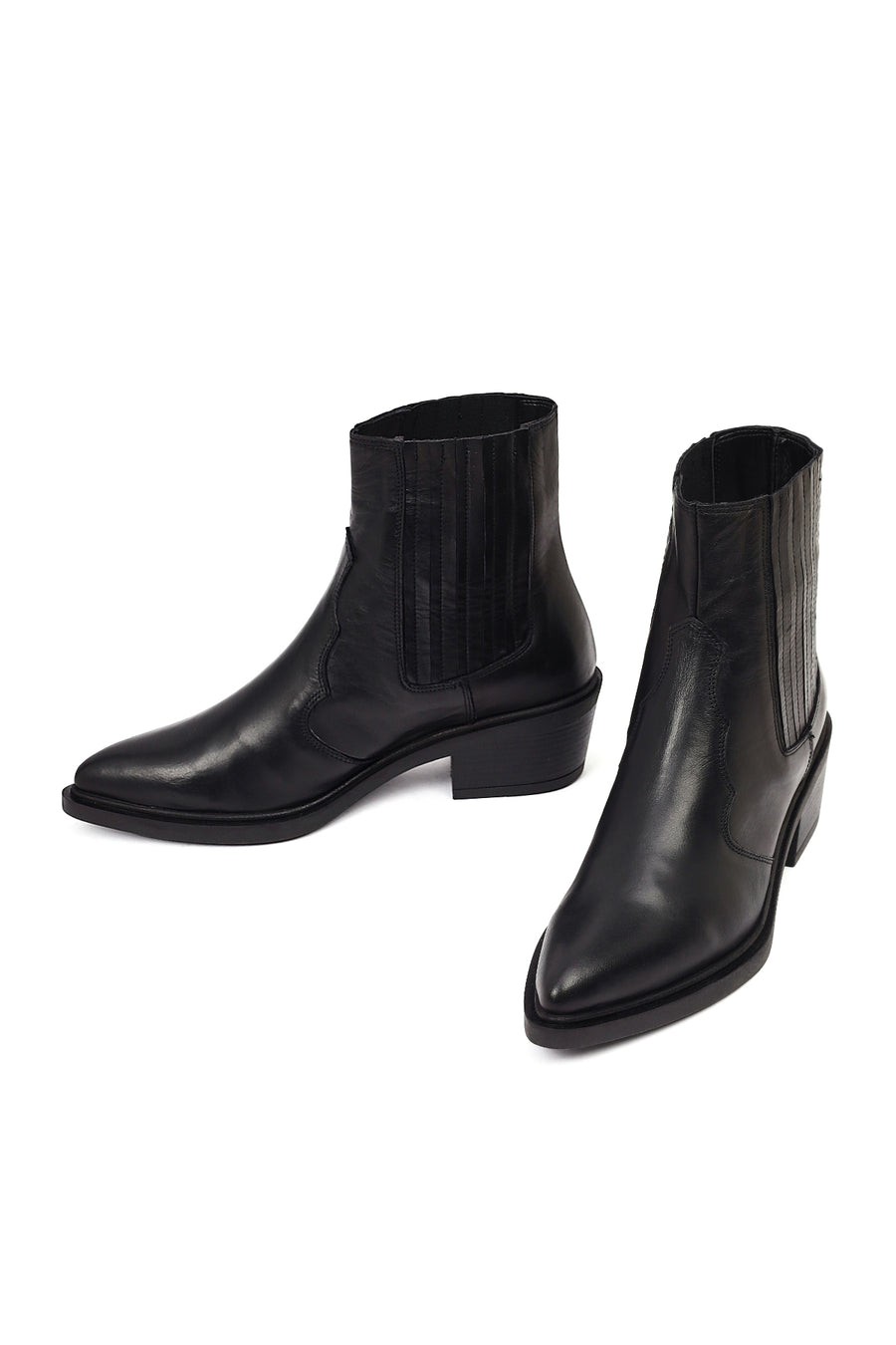 Women's Black Short Thick Heeled Leather Cowboy Boots
