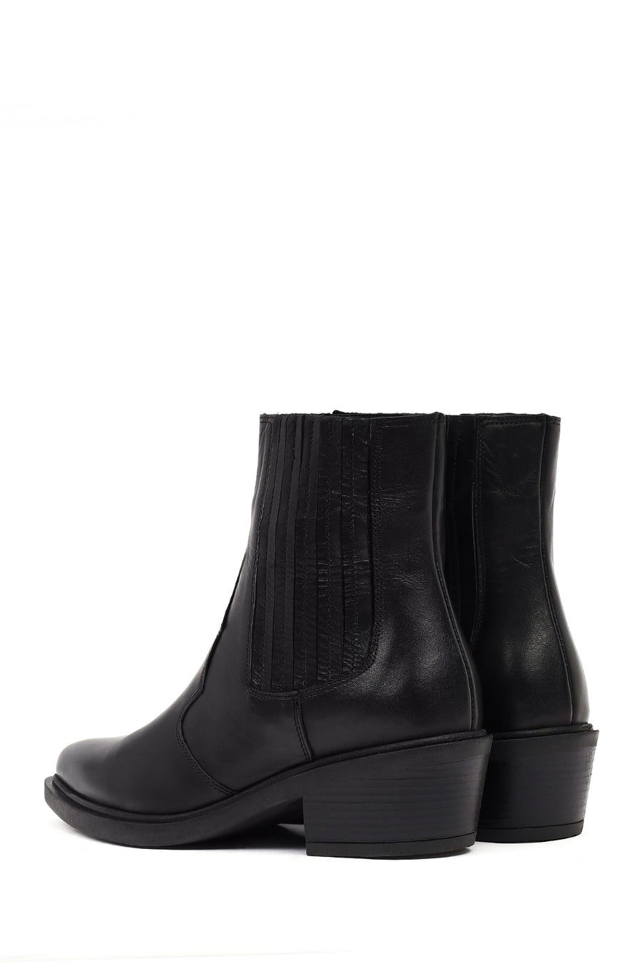 Women's Black Short Thick Heeled Leather Cowboy Boots