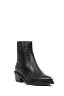 Women's Black Short Thick Heeled Leather Cowboy Boots | Derimod