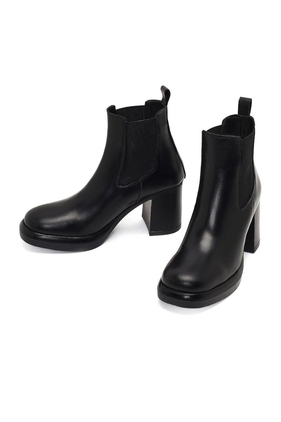 Women's Black Thick Heeled Leather Chelsea Boot
