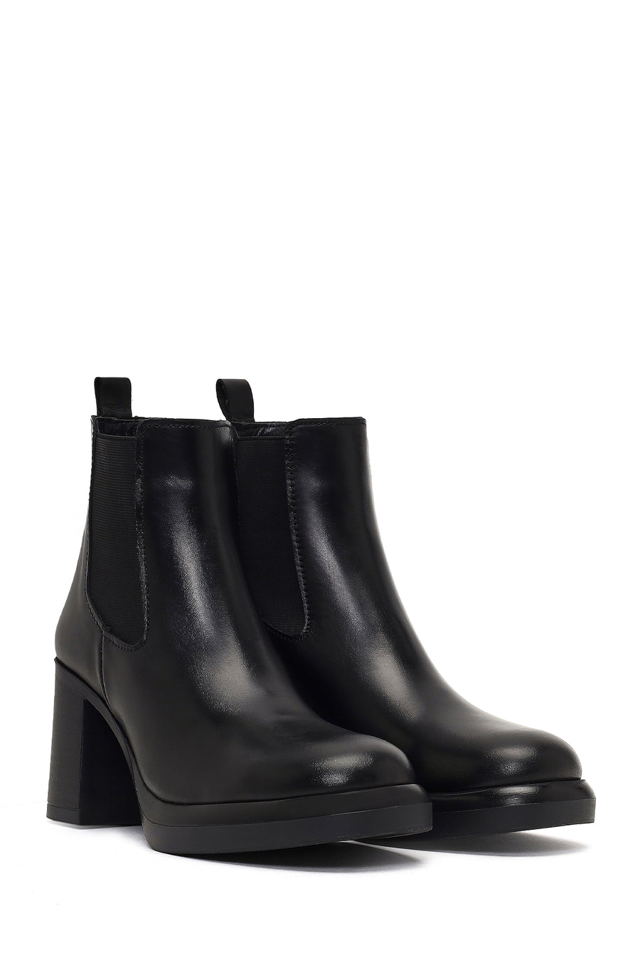 Women's Black Thick Heeled Leather Chelsea Boot