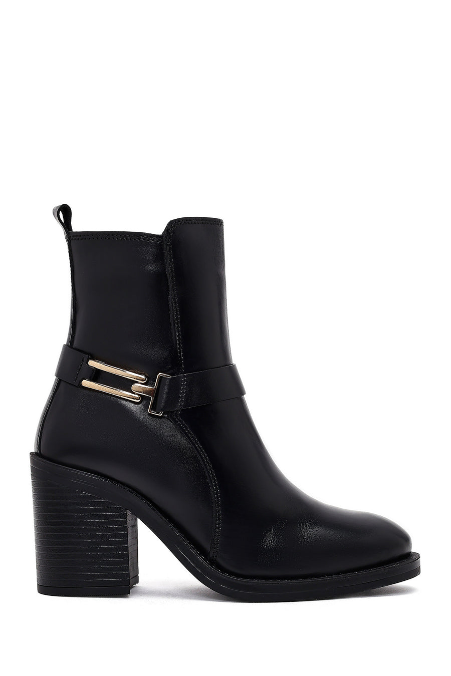 Women's Black Buckle Chunky Heel Leather Boots 25WFD185818 | Derimod