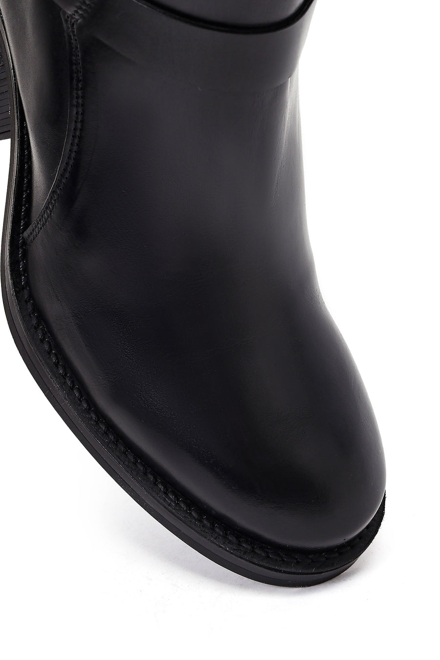 Women's Black Buckle Chunky Heel Leather Boots