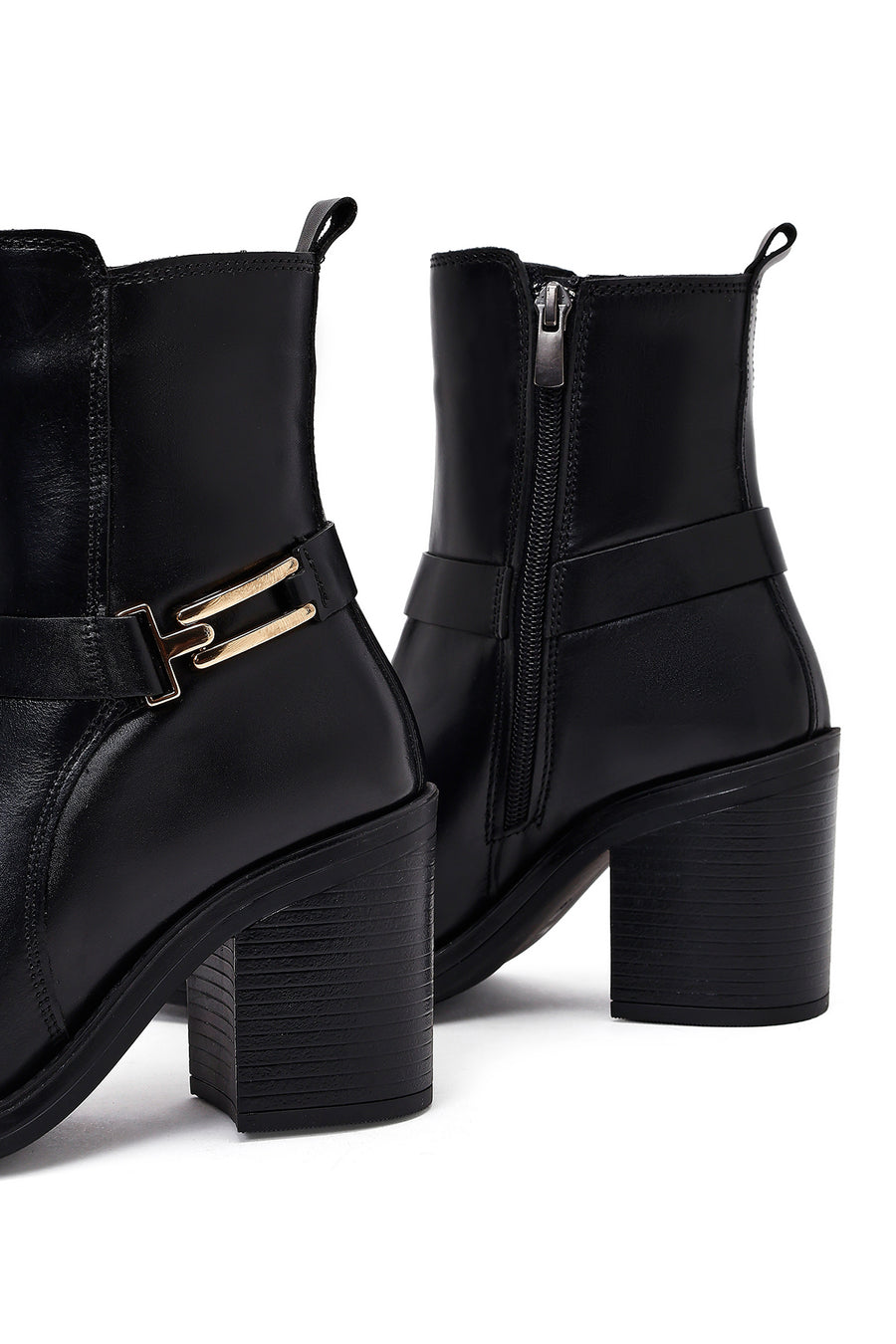Women's Black Buckle Chunky Heel Leather Boots
