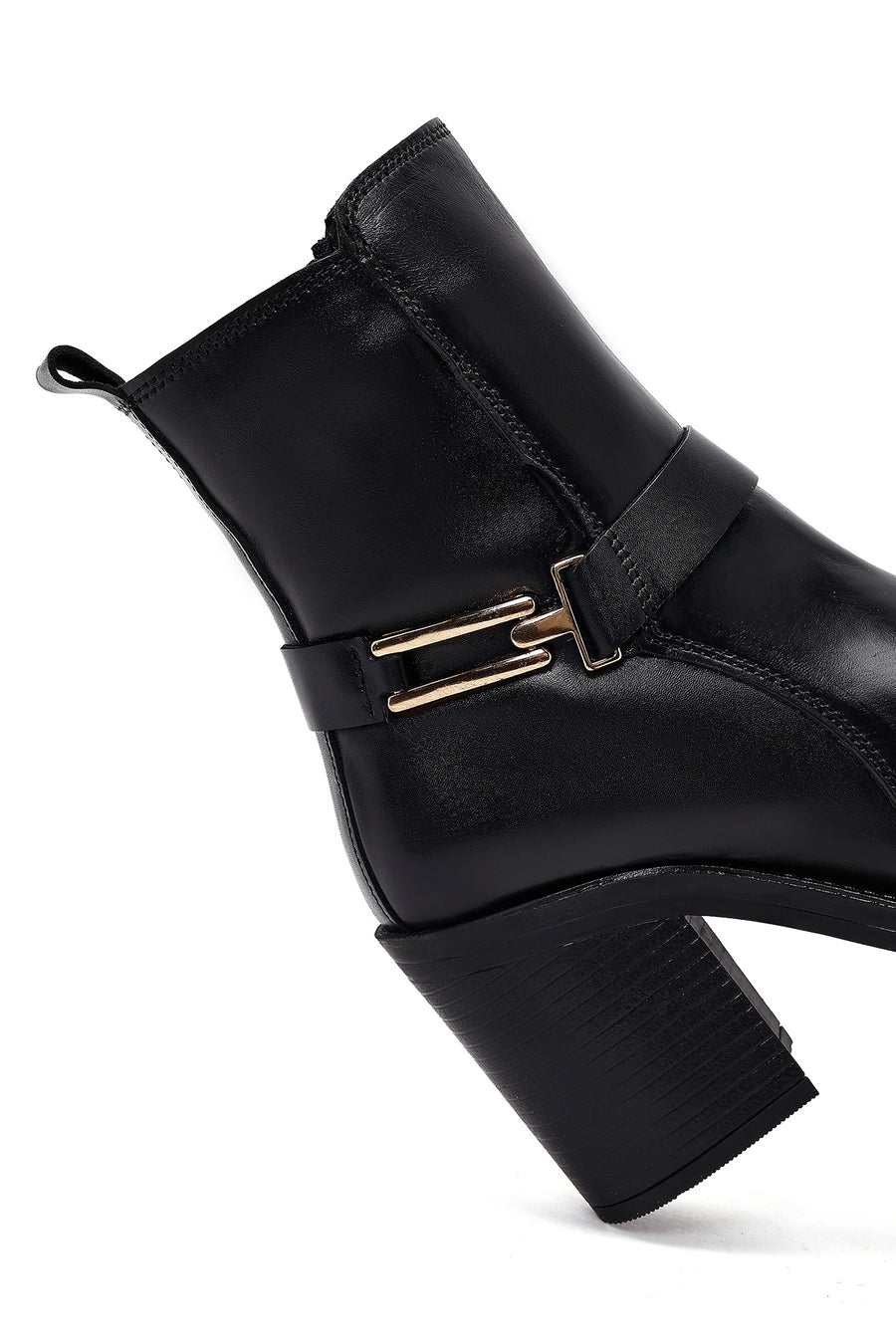 Women's Black Buckle Chunky Heel Leather Boots