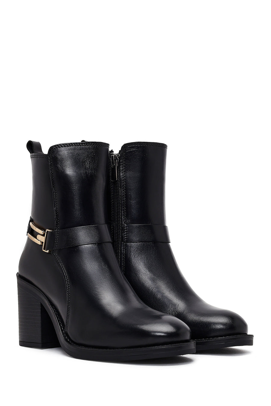 Women's Black Buckle Chunky Heel Leather Boots