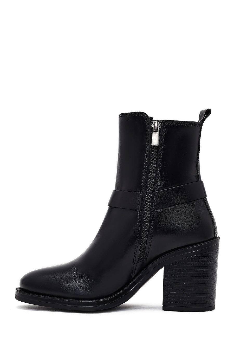 Women's Black Buckle Chunky Heel Leather Boots