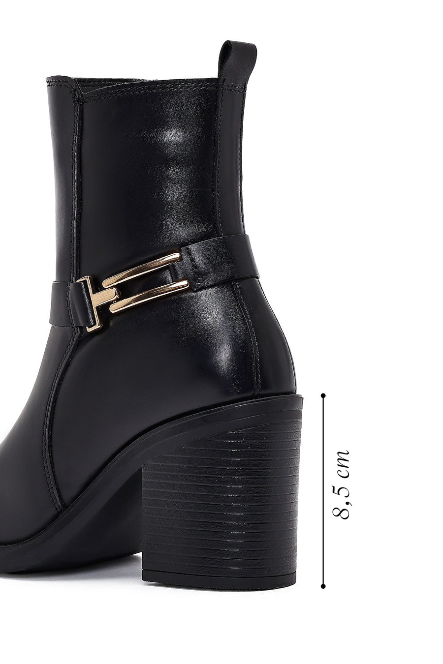 Women's Black Buckle Chunky Heel Leather Boots