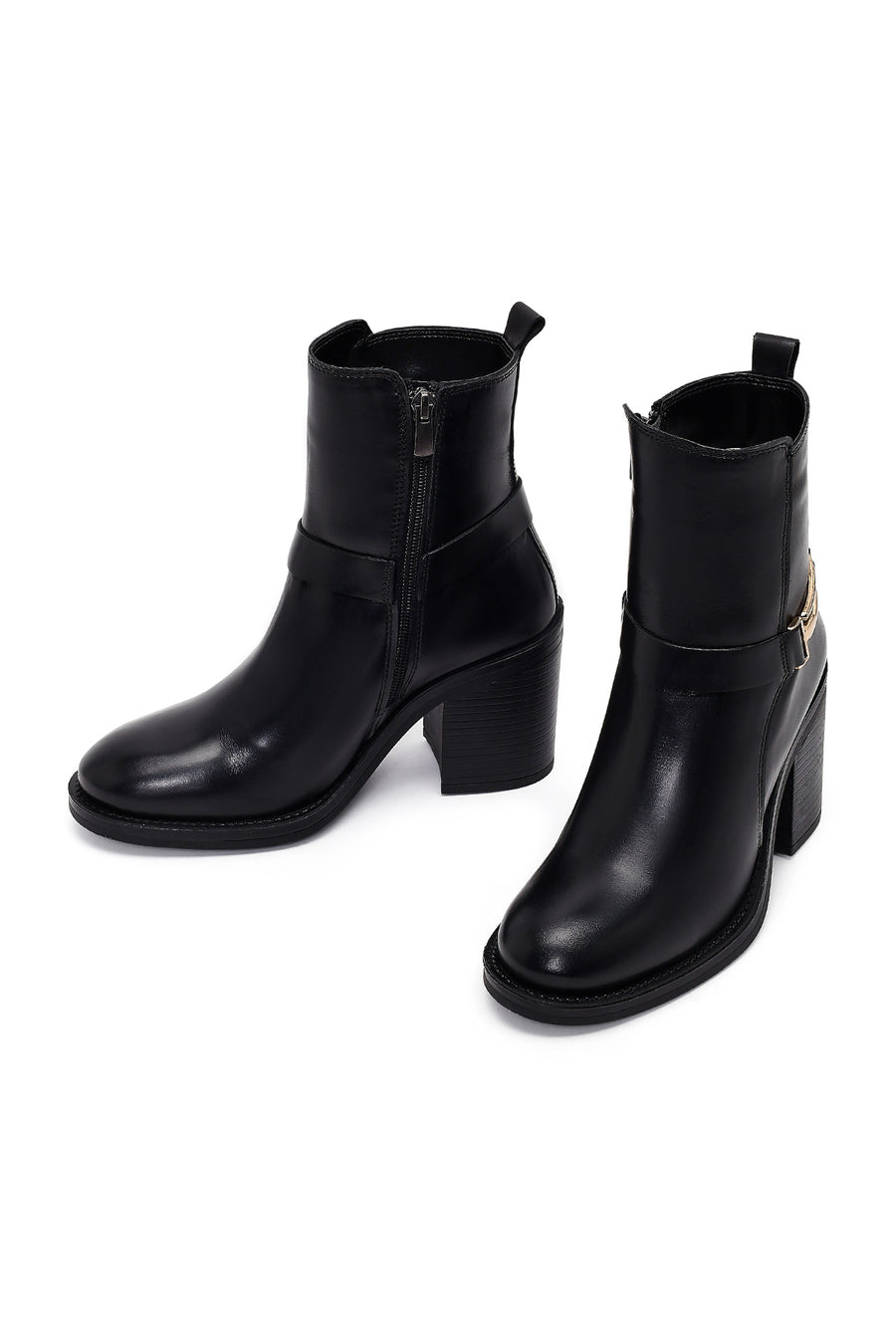 Women's Black Buckle Chunky Heel Leather Boots