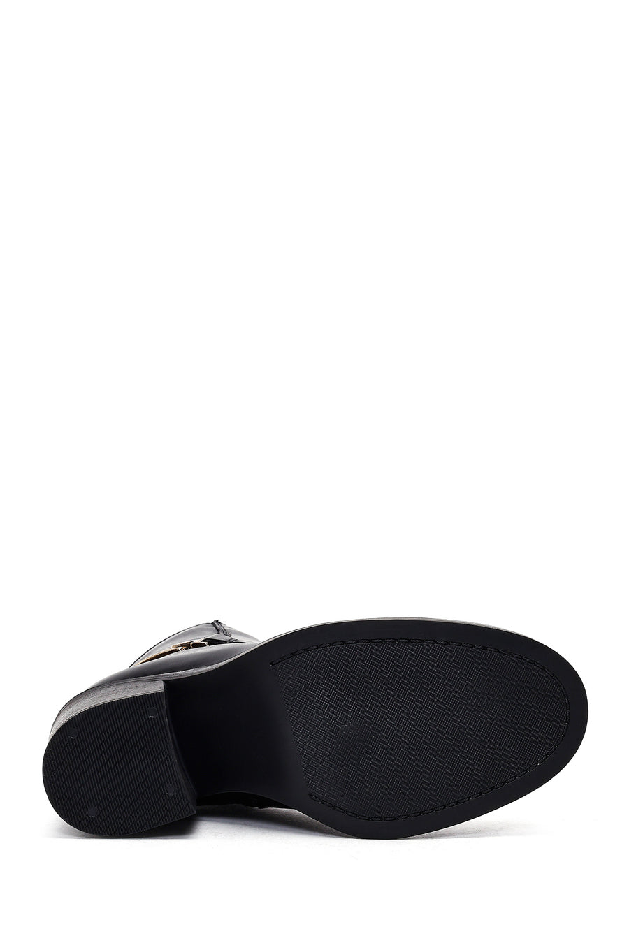 Women's Black Buckle Chunky Heel Leather Boots