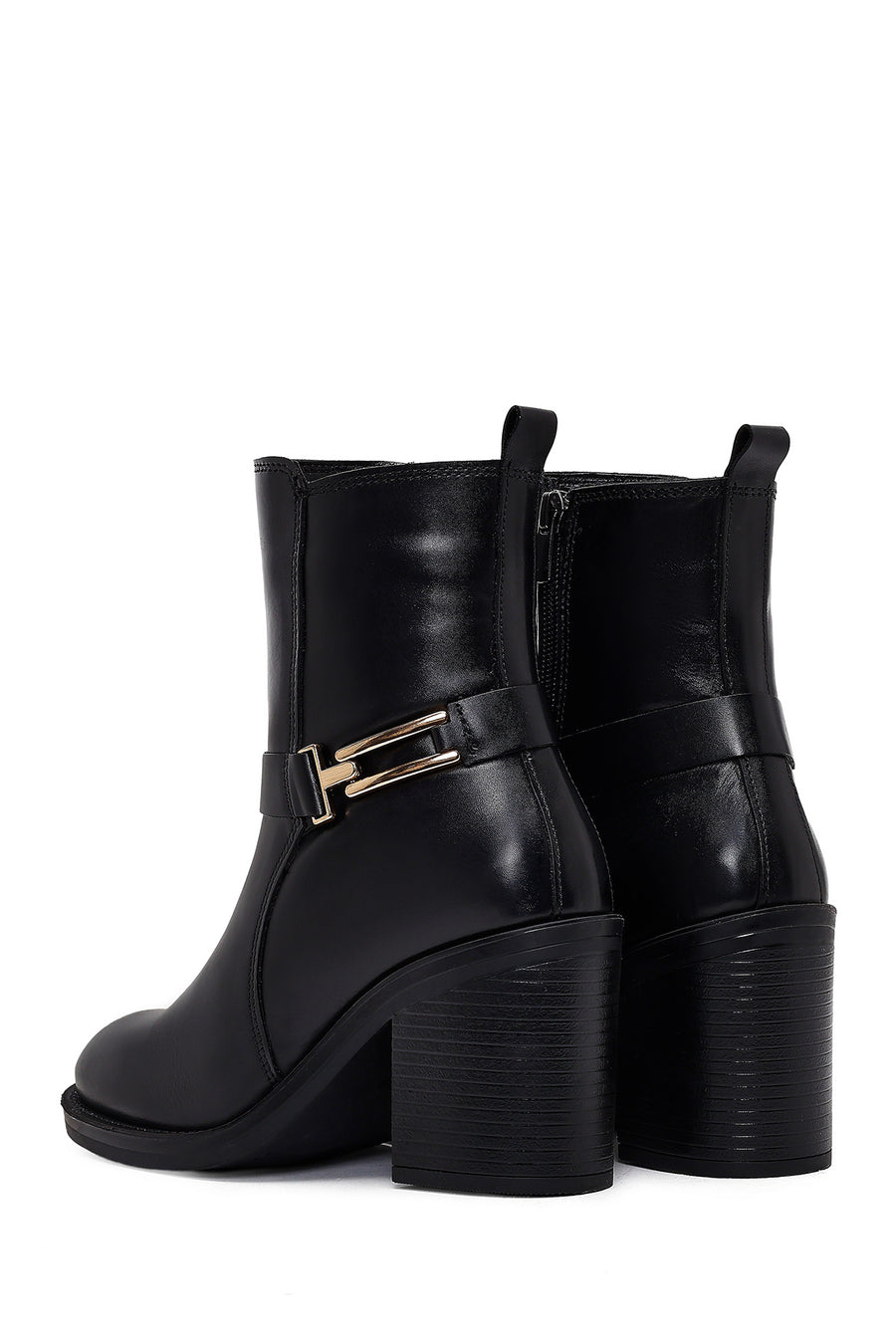 Women's Black Buckle Chunky Heel Leather Boots
