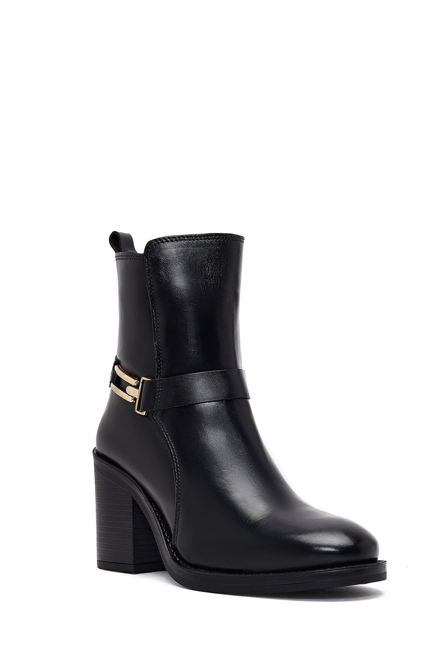 Women's Black Buckle Chunky Heel Leather Boots