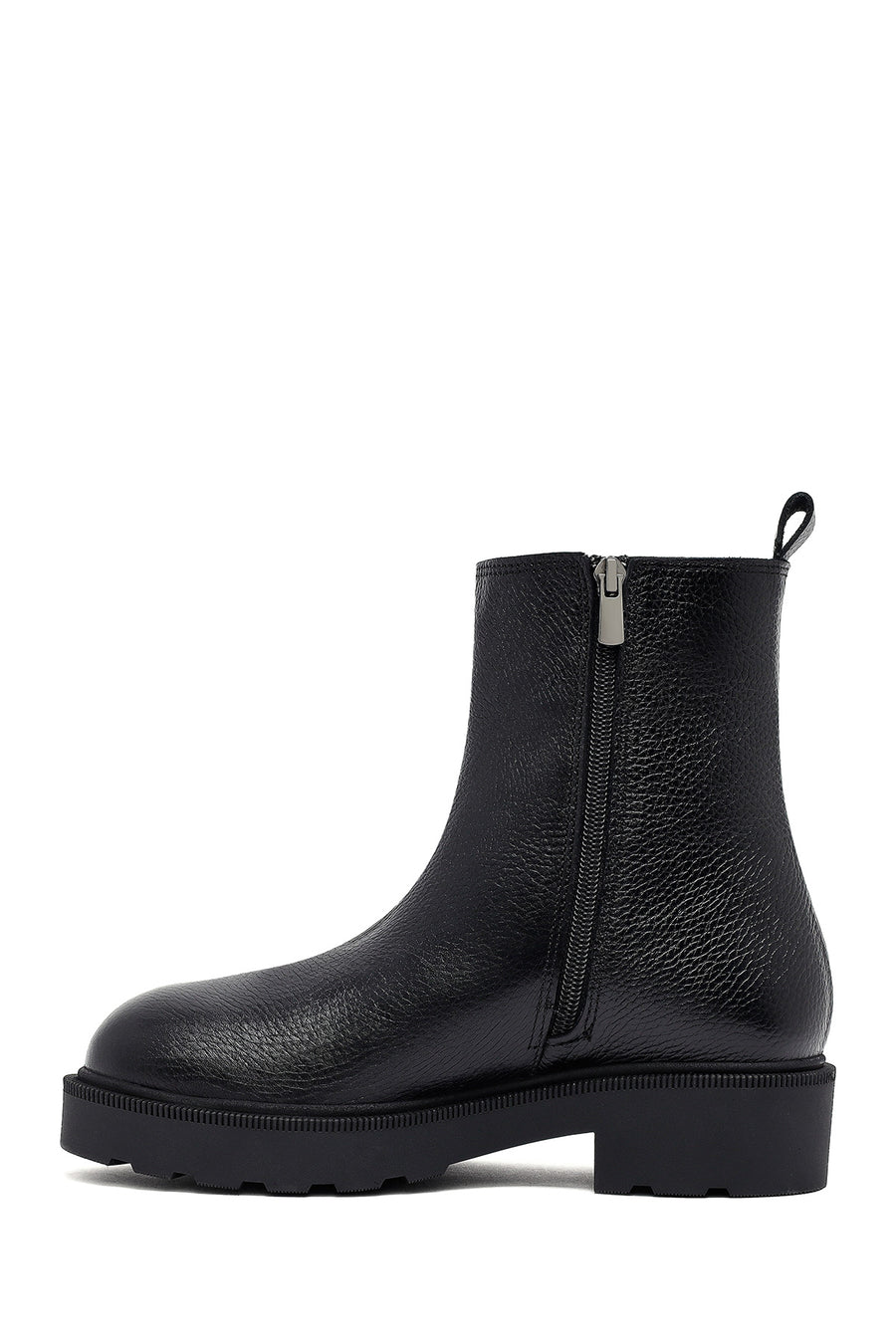 Woman Black Zippered Thick Sole Leather Boat