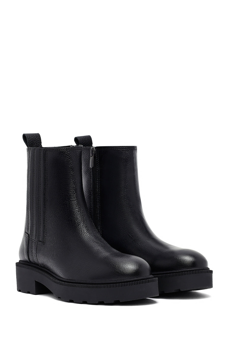 Woman Black Zippered Thick Sole Leather Boat