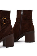 Women's Brown Zippered Thick Heel Suede Leather Boots | Derimod