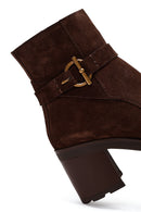 Women's Brown Zippered Thick Heel Suede Leather Boots | Derimod