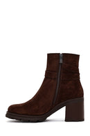 Women's Brown Zippered Thick Heel Suede Leather Boots | Derimod