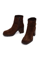 Women's Brown Zippered Thick Heel Suede Leather Boots | Derimod