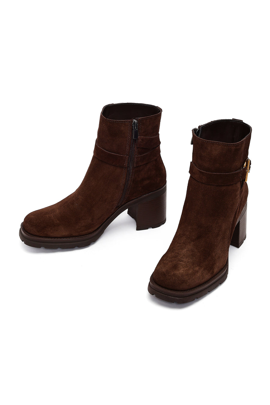 Women's Brown Zippered Thick Heel Suede Leather Boots