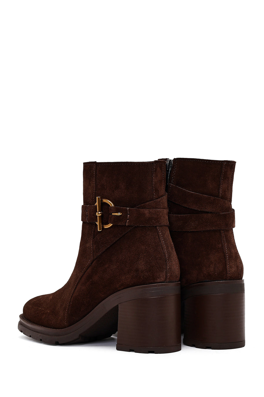 Women's Brown Zippered Thick Heel Suede Leather Boots