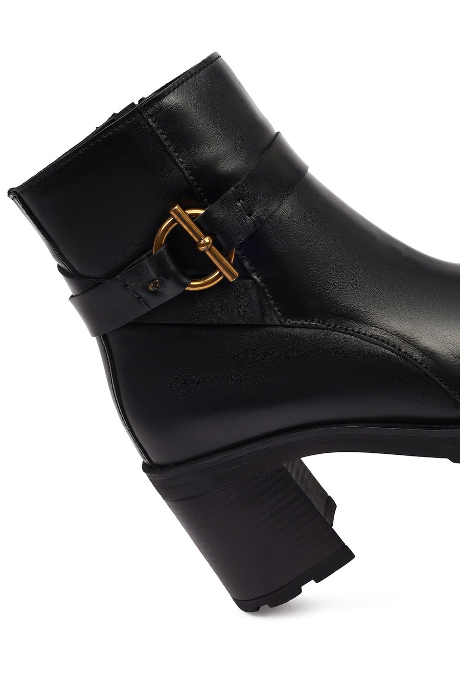 Women's Black Zippered Thick Heeled Leather Boot