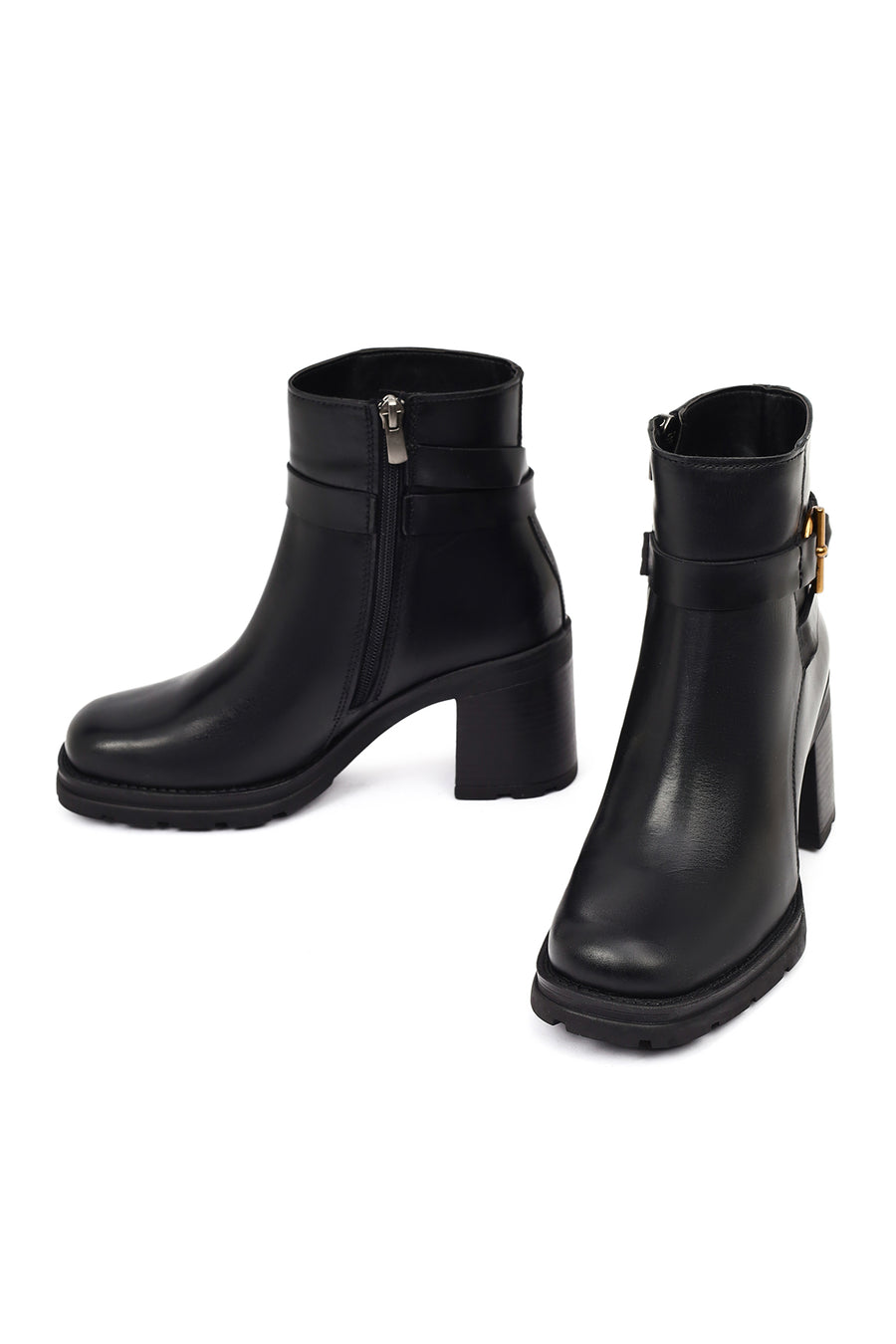 Women's Black Zippered Thick Heeled Leather Boot