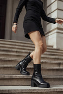 Woman Black Chunky Heel Zippered Leather Boat | Derimod